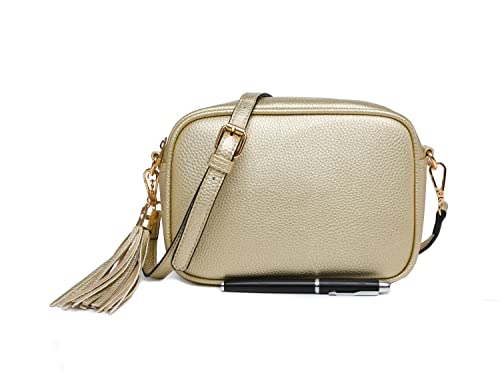 Gold Lightweight Vegan Leather Crossbody Handbag with Tassel