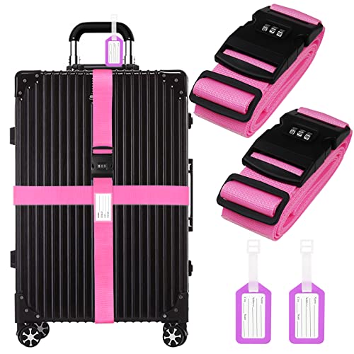 Pink Adjustable Suitcase Straps with Password Lock & Tags