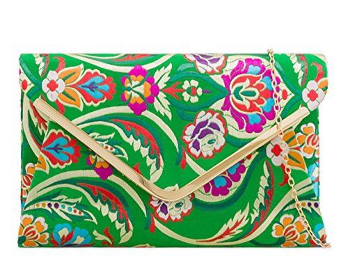 LeahWard Satin Floral Evening Clutch Bag - 2211 Green