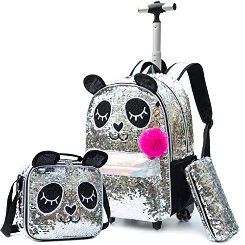 Cute Panda Rolling Backpack for Girls with Lunch Box