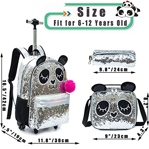 Cute Panda Rolling Backpack for Girls with Lunch Box
