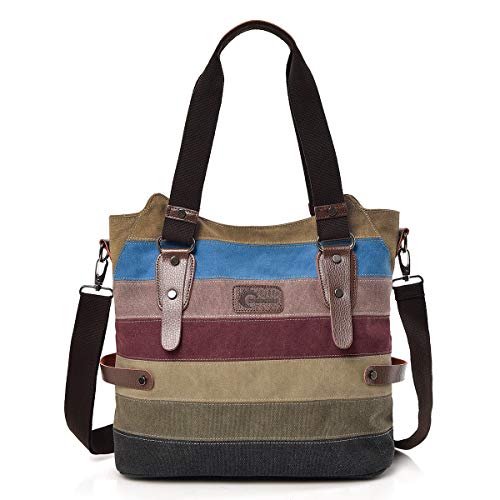 Multi-Color Striped Canvas Tote Bag, Large Capacity