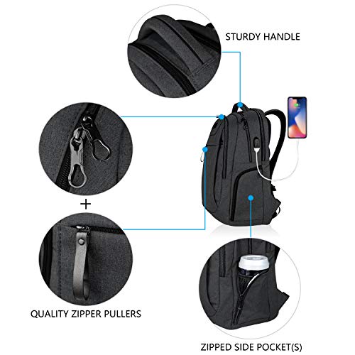 KROSER Large Laptop Backpack with USB Charging Port - Charcoal Black