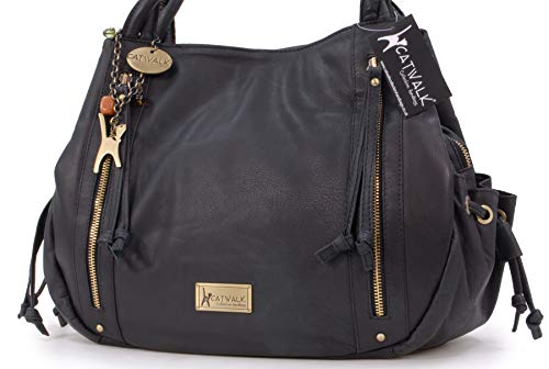 Women's Leather Tote/Shoulder Bag - CAZ - Black