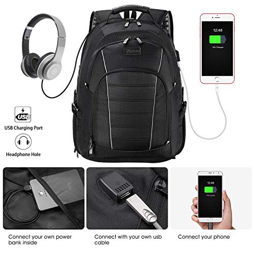 Large Laptop Backpack, 17 Inch, USB Charging Port, Durable, Unisex Black