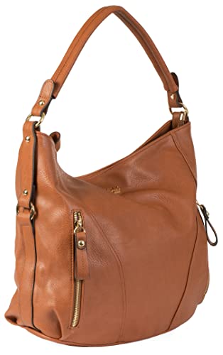 Mabel Leather Large Shoulder Handbag - Zip Front Pockets (Medium Tan)