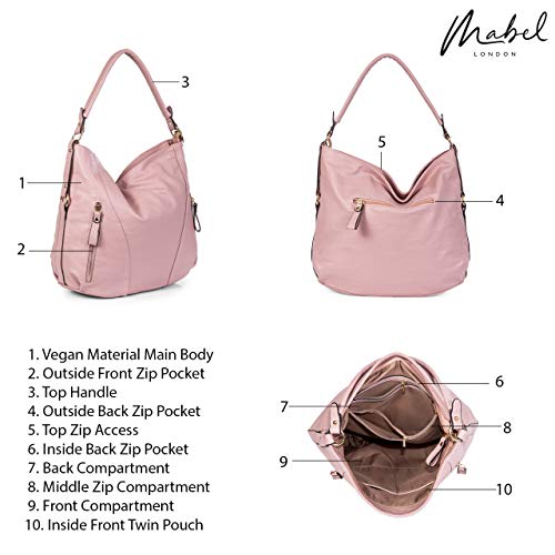 Mabel Leather Large Shoulder Handbag - Zip Front Pockets (Medium Tan)