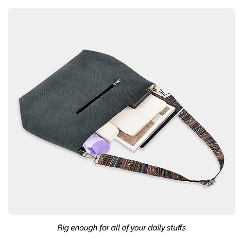 Gray Damen Cord Tragetasche: Große Kapazität, Reißverschluss