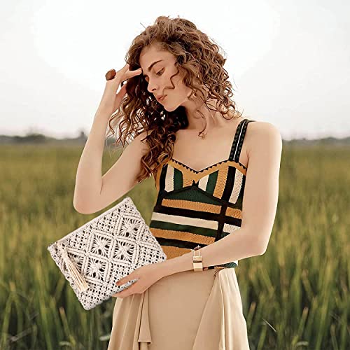 Designer beige crochet handbag with tassel for summer