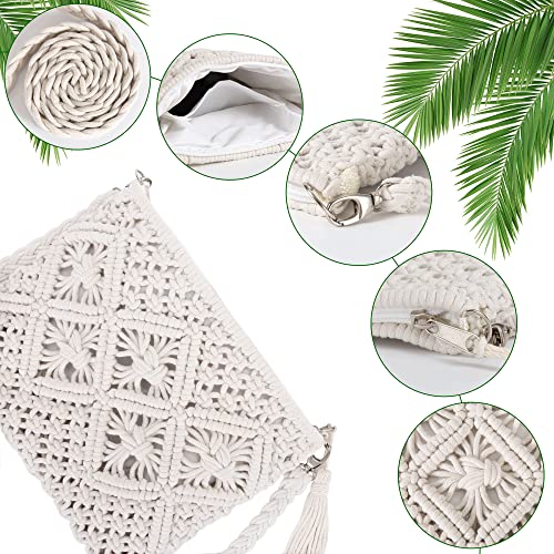 Designer beige crochet handbag with tassel for summer