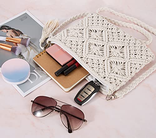 Designer beige crochet handbag with tassel for summer