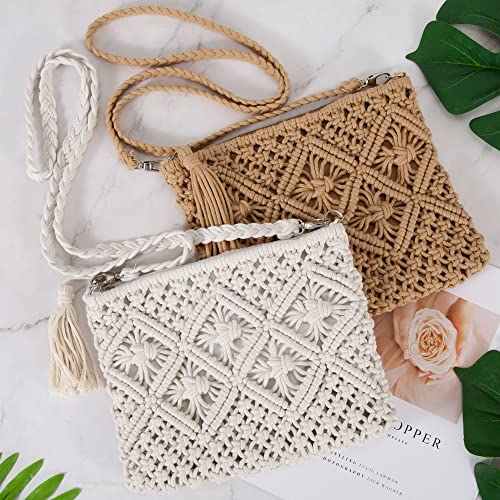 Designer beige crochet handbag with tassel for summer