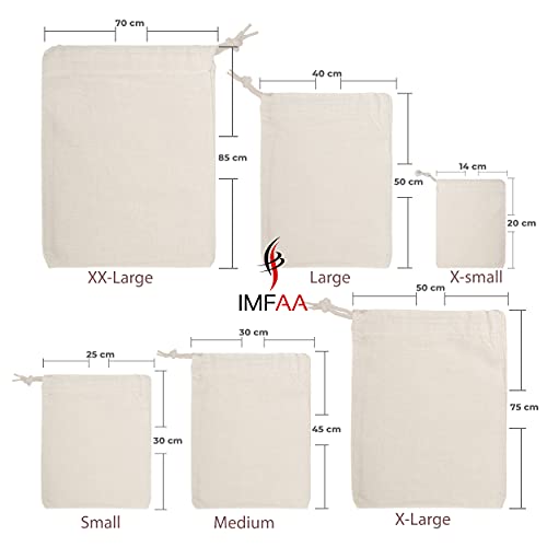IMFAA Natural Cotton Drawstring Muslin Bags - Pack of 6 Sizes