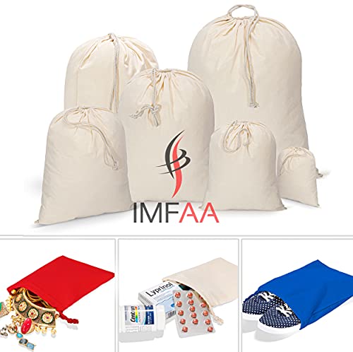 IMFAA Natural Cotton Drawstring Muslin Bags - Pack of 6 Sizes