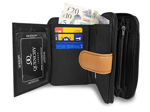 Quenchy London RFID Blocking Leather Purse - Multi Card Slots & Zip Closure