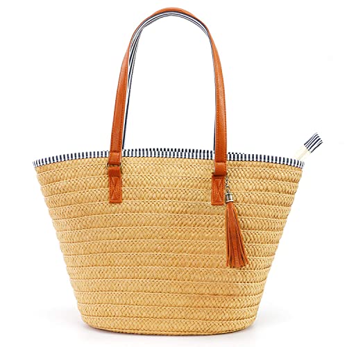Designer Straw Tote Bag with Pom Poms