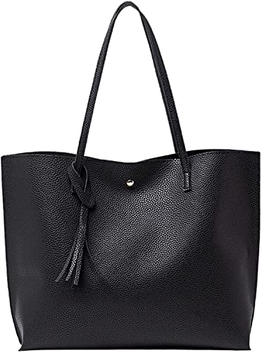 Black designer handbag with large capacity, soft PU leather
