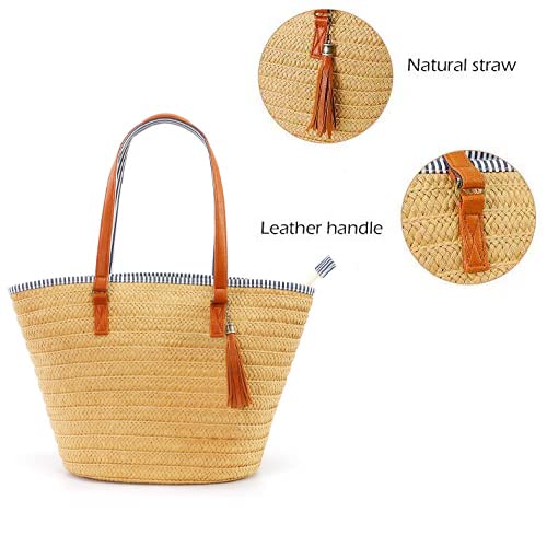 Designer Straw Tote Bag with Pom Poms