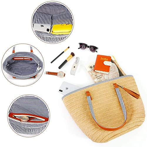 Designer Straw Tote Bag with Pom Poms