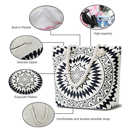 Mikytoper Summer Beach Tote Bag – Black and White Circles