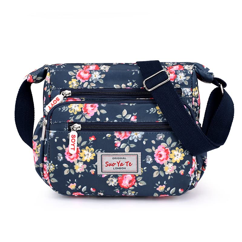Floral-Navy Blue Crossbody Designer Handbag with Multi-Pockets