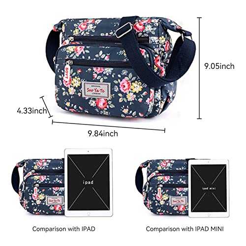Floral-Navy Blue Crossbody Designer Handbag with Multi-Pockets