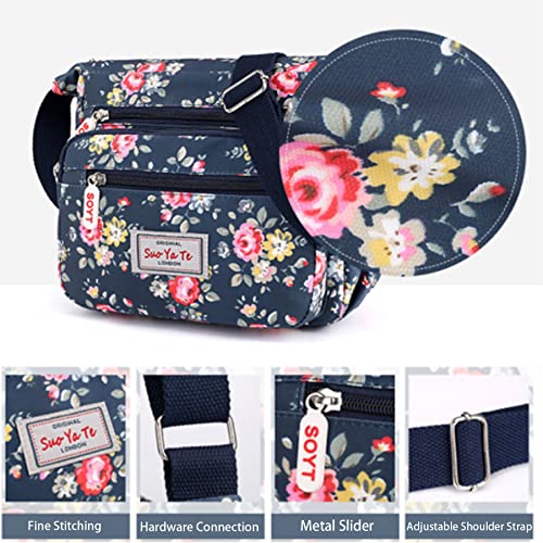 Floral-Navy Blue Crossbody Designer Handbag with Multi-Pockets