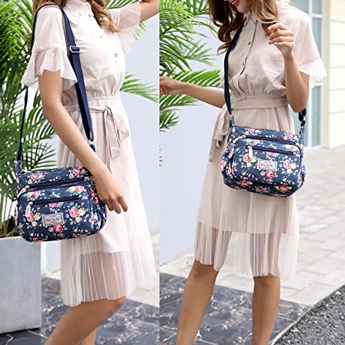 Floral-Navy Blue Crossbody Designer Handbag with Multi-Pockets