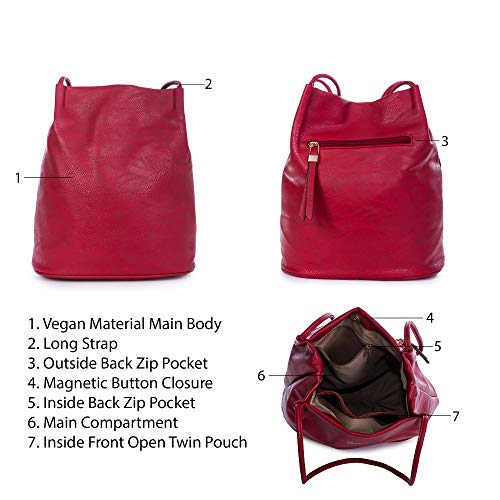 Mabel London Designer Red Vegan Leather Hobo Bucket Bag