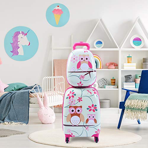 GYMAX Owl Print Kids Carry-On Luggage Set