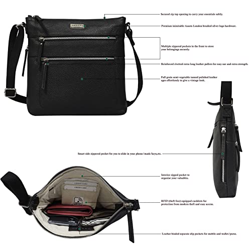 Elegant Damen Crossbody Handtasche - Schwarze Ledertasche, RFID-Schutz