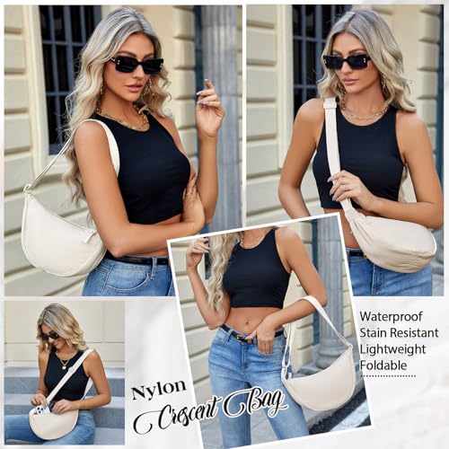 Neutral Nylon Crescent Shoulder Crossbody Hobo Designer Handbag