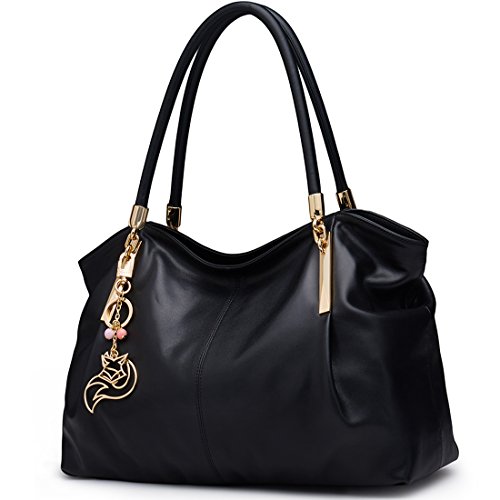 Women's Black Leather Designer Handbags with Keyring Decoration