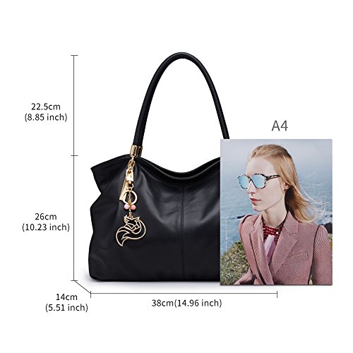 Women's Black Leather Designer Handbags with Keyring Decoration