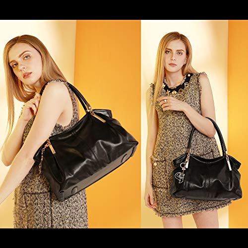 Women's Black Leather Designer Handbags with Keyring Decoration