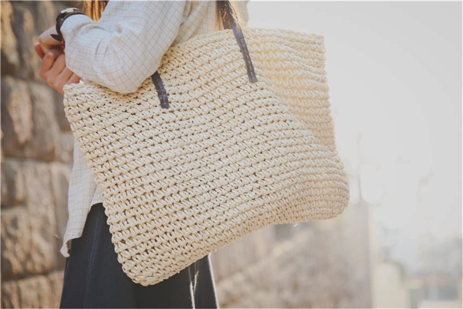 Beige Straw Woven Tote: Large Capacity Designer Handbag