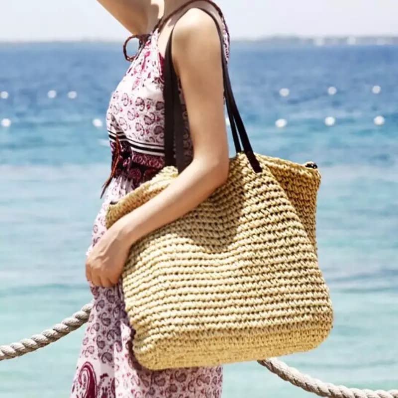 Beige Straw Woven Tote: Large Capacity Designer Handbag