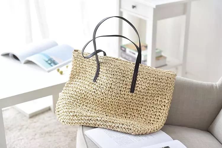 Beige Straw Woven Tote: Large Capacity Designer Handbag