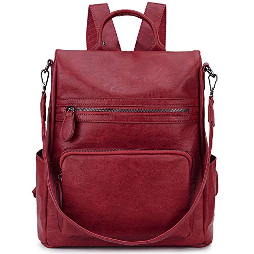 RAVUO Women's Convertible Leather Backpack Purse (Wine Red)