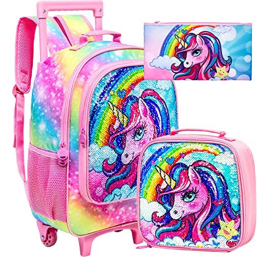 Rainbow Unicorn Backpack Set: Girls' Rolling Bookbag