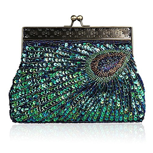 YYW Vintage Teal Peacock Sequin Clutch: Elegant Designer Handbag