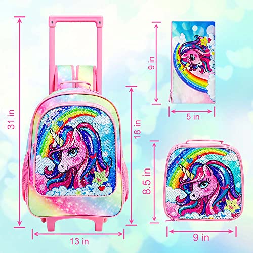 Rainbow Unicorn Backpack Set: Girls' Rolling Bookbag