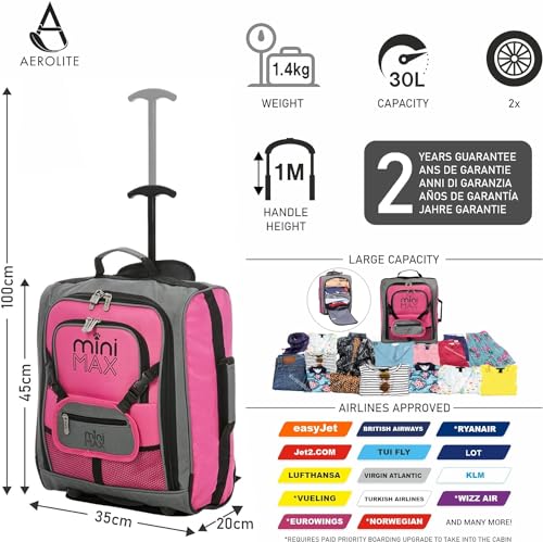 Pink Aerolite MiniMAX 30L Cabin Trolley Backpack