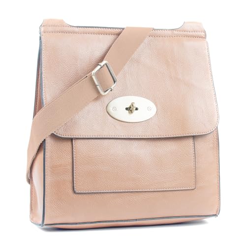 AOSSTA Women's Leather Cross-Body Messenger Bag Beige