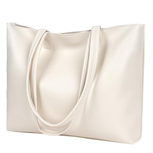 Beige PU Leather Tote Handbag with Zip Compartment