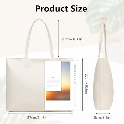 Beige PU Leather Tote Handbag with Zip Compartment