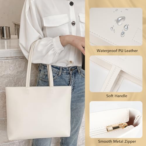 Beige PU Leather Tote Handbag with Zip Compartment