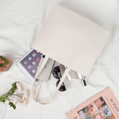 Beige PU Leather Tote Handbag with Zip Compartment
