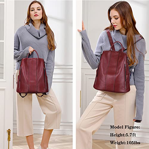 S-ZONE Women's Waterproof Leather Backpack Rucksack - Wine Red
