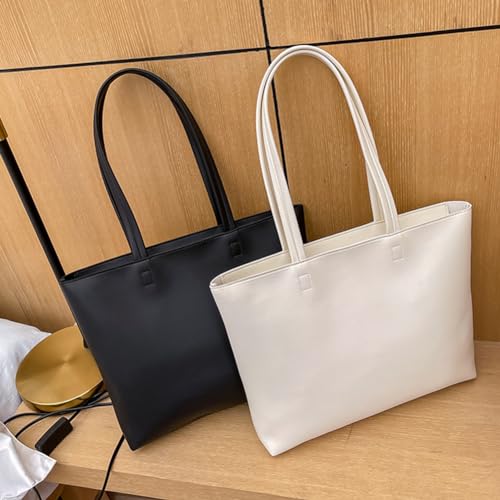 Beige PU Leather Tote Handbag with Zip Compartment